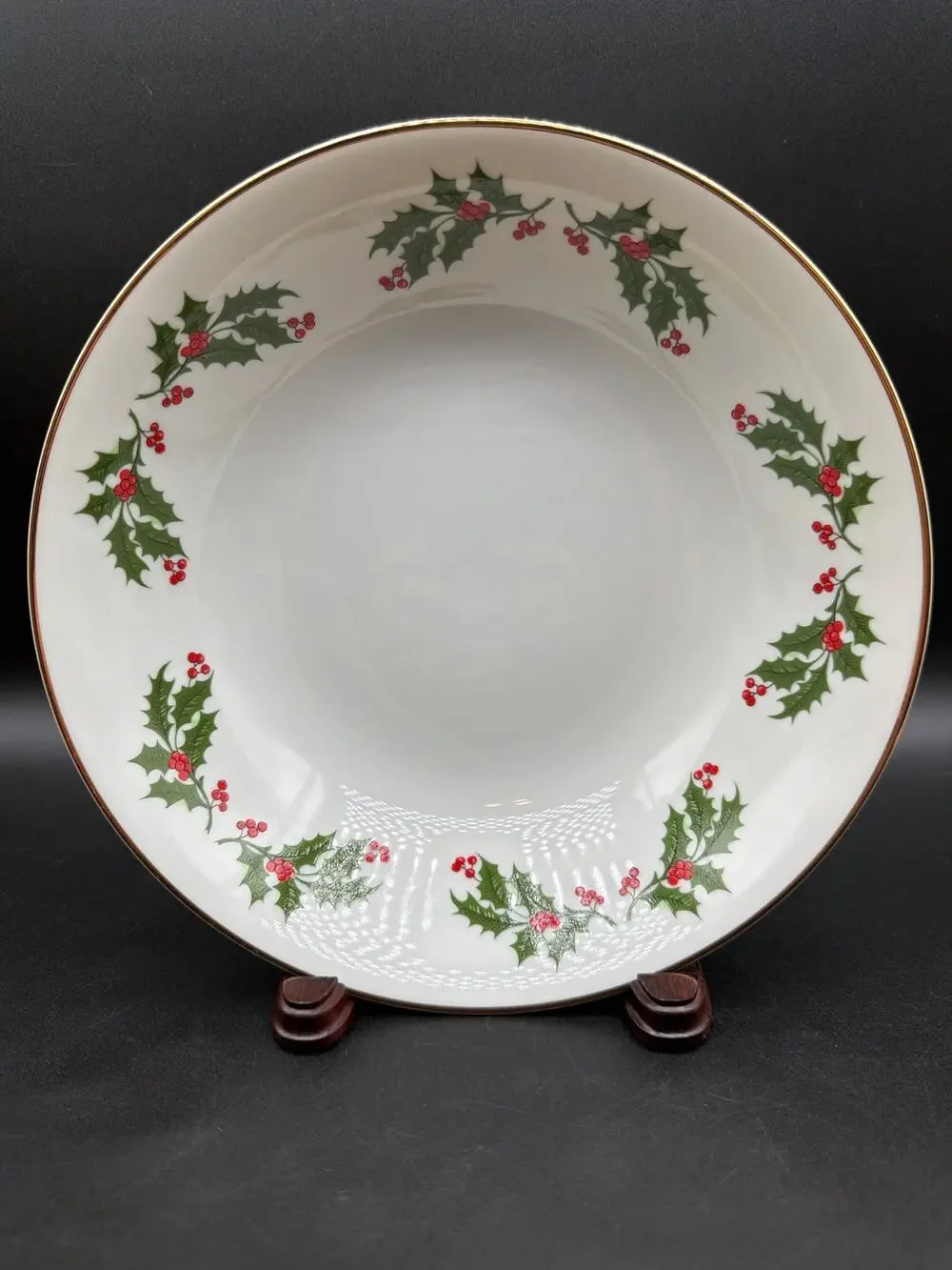 Vintage Fine China Japan Christmas Holly Gold Rim 10” Rim Soup Bowl Serving Bowl